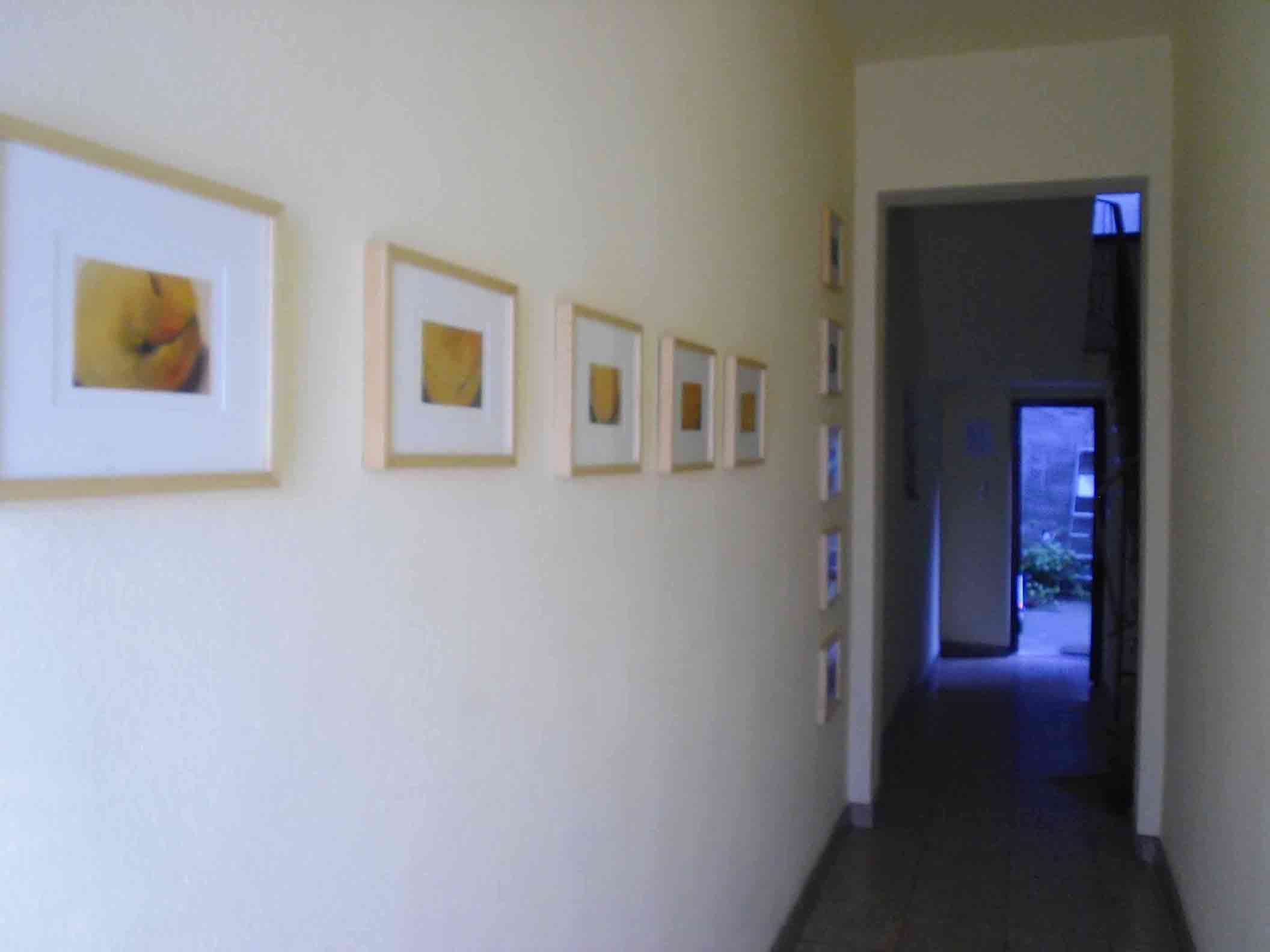 Blick vom Hauseingang; an der Wand Peters Pastelle - eine wagerechte Orangene Reihe von 5 kleinen, gerahmten Pastellen